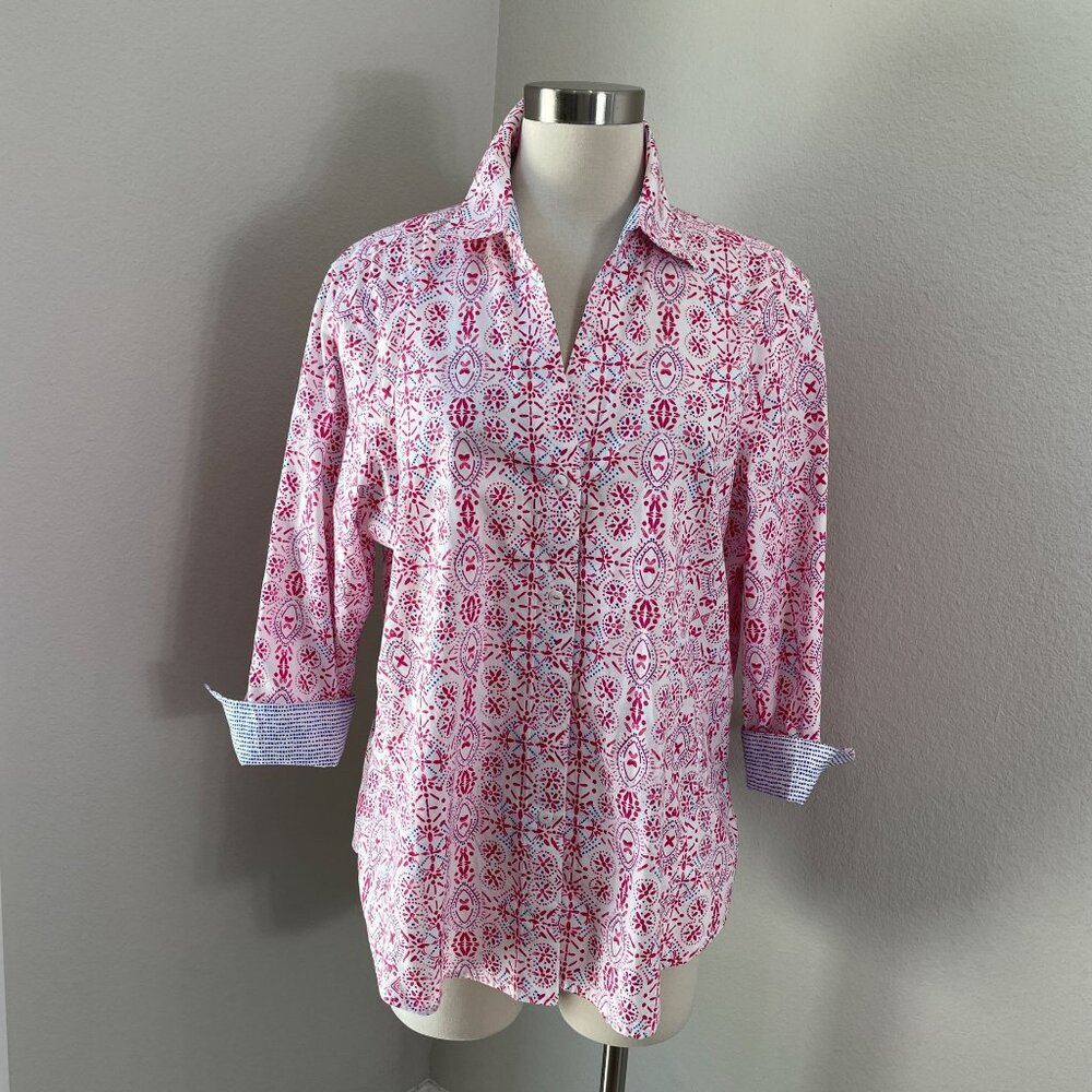 Foxcroft NYC Womens XL Easy Care Pink Blue Patterned Button Up Shirt 3/4 Sleeve